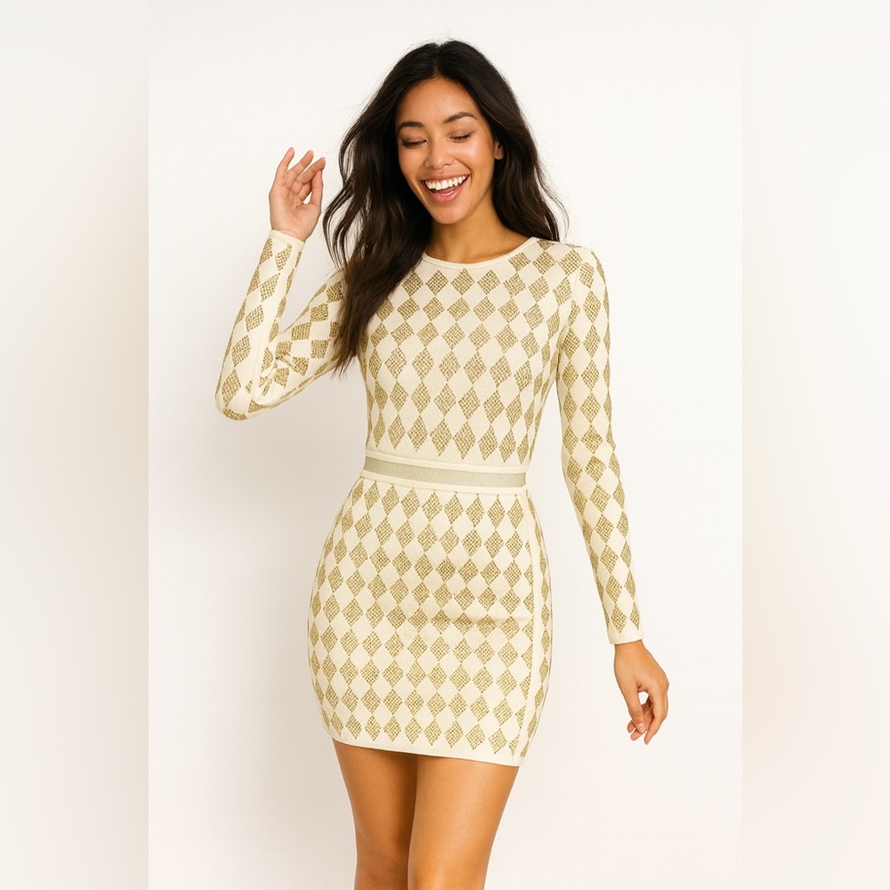 Valiant Paris White Gold Studded Bodycon Dress Long Sleeve Embellished – Size L